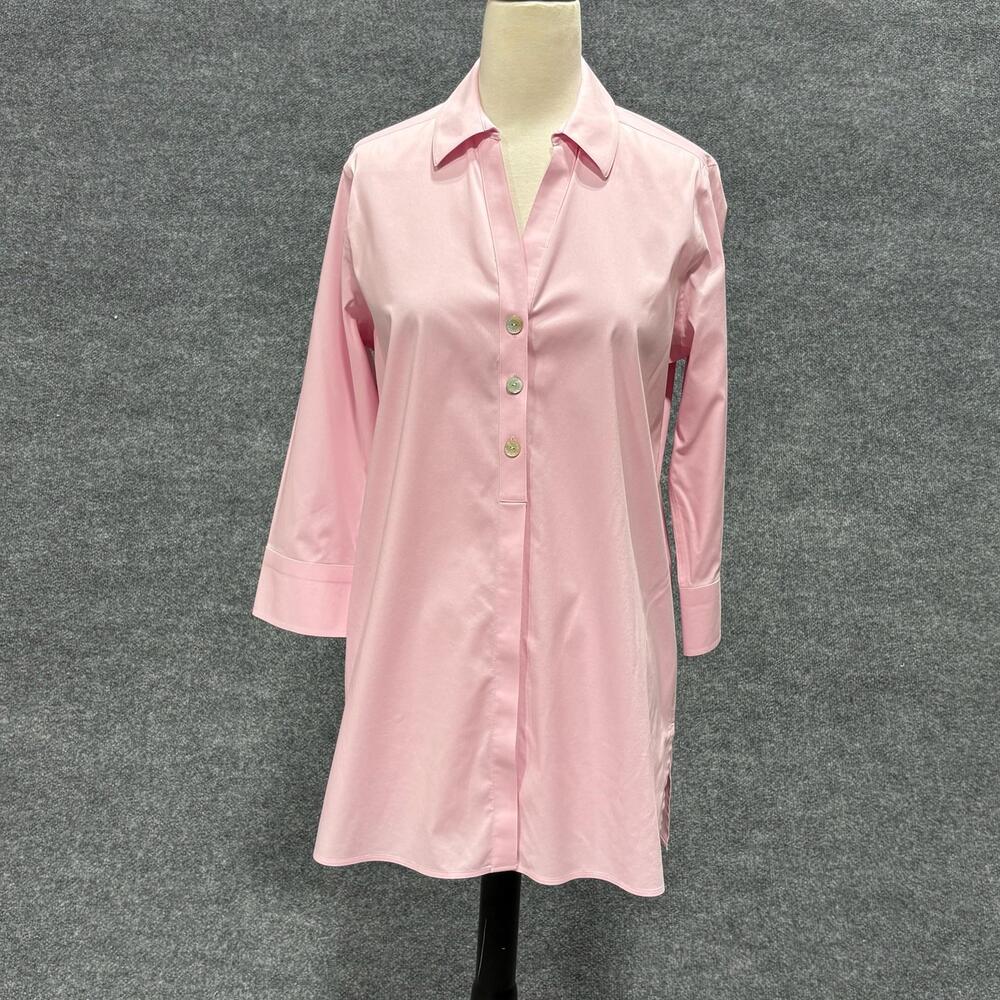 Foxcroft Shirt Womens 8 Pink Non Iron Stretch 3/4 Sleeve Tunic Top Button Up